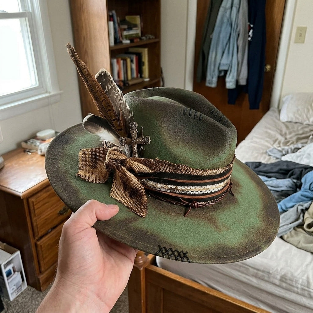 Olive Green Distressed Fedora with Burlap Bow and Cross Accent