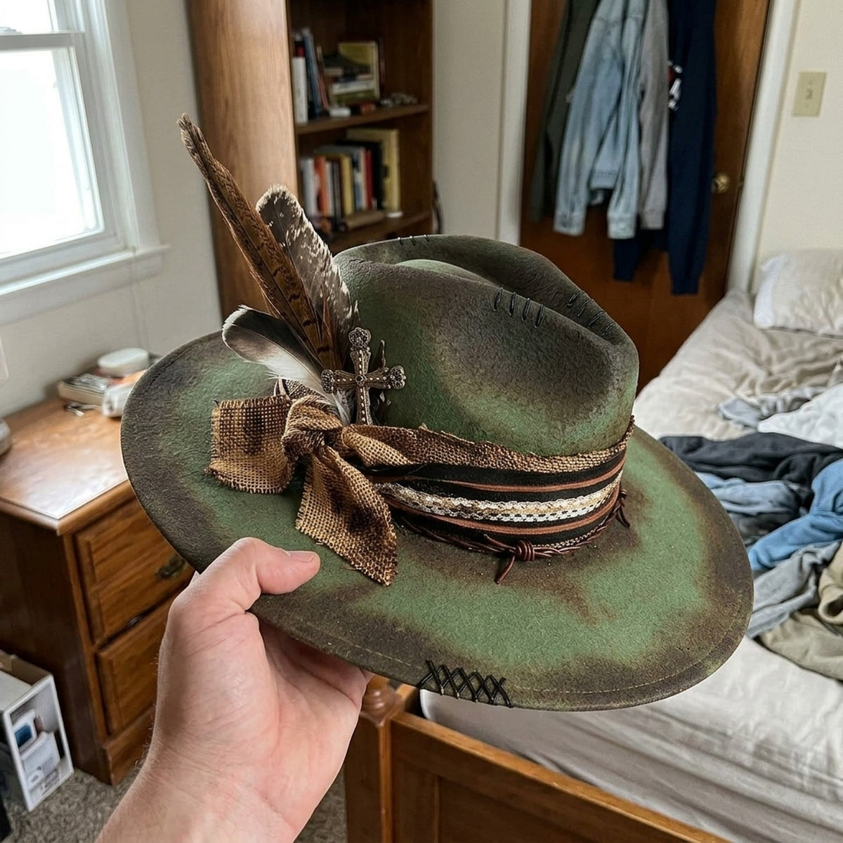 Olive Green Distressed Fedora with Burlap Bow and Cross Accent
