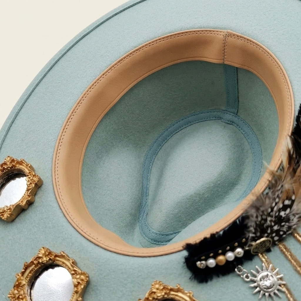 Powder Blue Wide Brim Felt Floppy Hat with Mini Frames Pearls