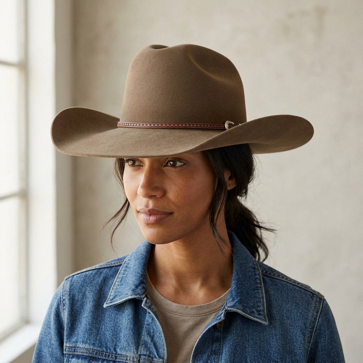 Tan Western Wool Felt Cowboy Hat with Tooled Leather Band