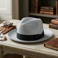 Gray Straw Fedora Hat with Black Ribbon Band for Outdoor Events