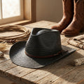 Black Woven Straw Hat With Wide Brim and Leather Band