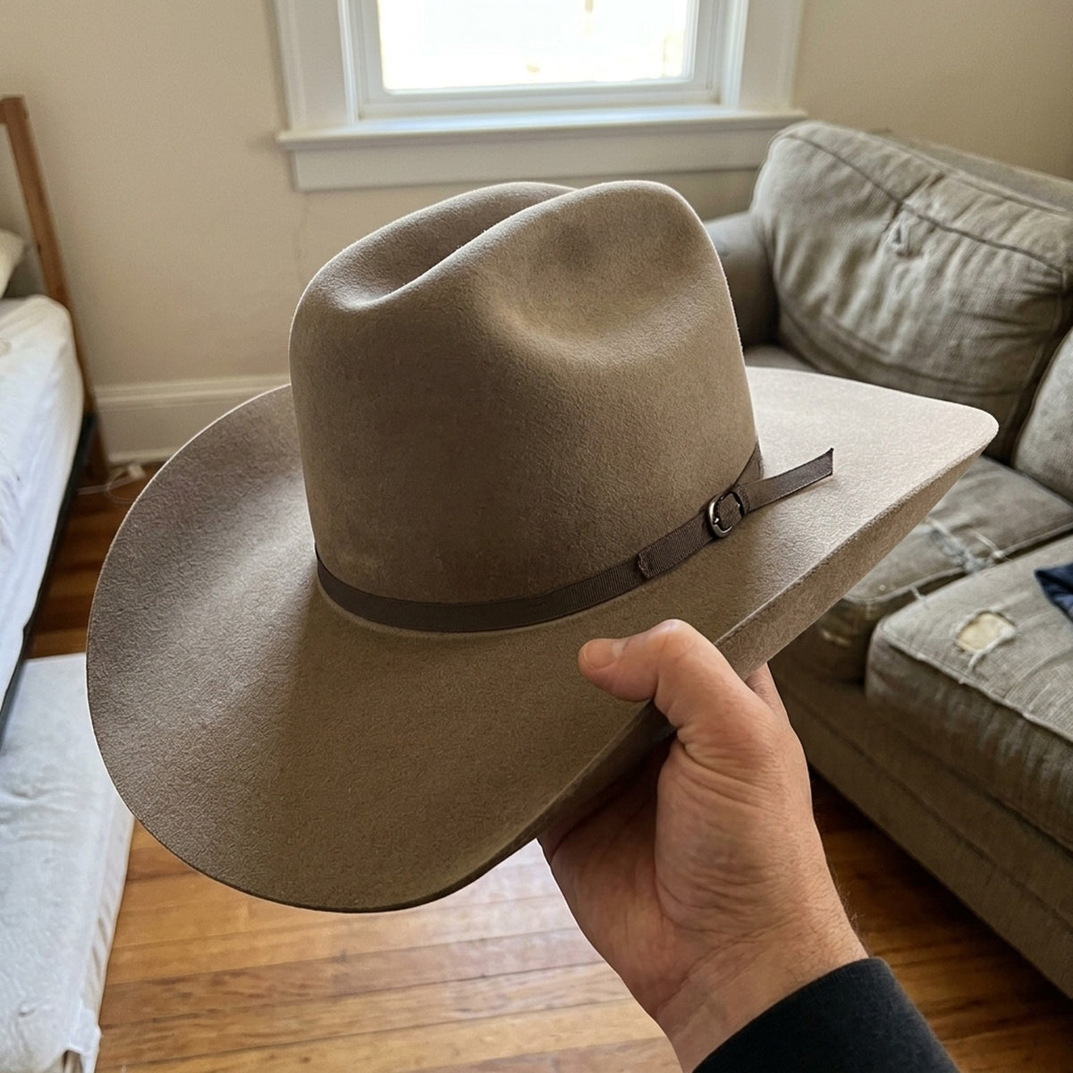 Unisex Taupe Wool Felt Cowboy Hat with Grosgrain Band Pin