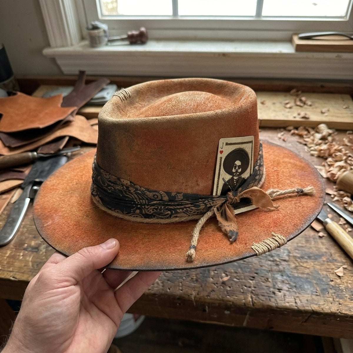 Rust Orange Western Hat with Skull Card and Bandana Band