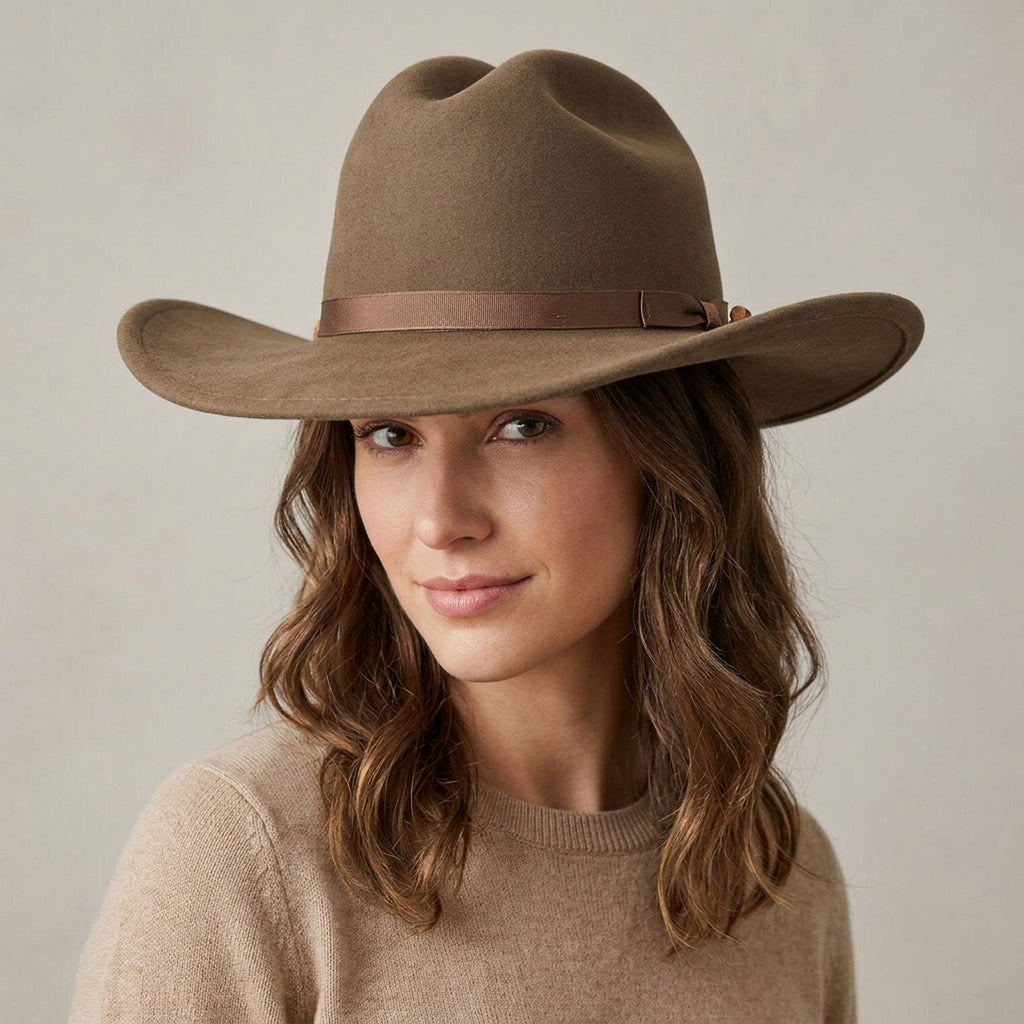 Tan Felt Western Hat with Curled Brim and Grosgrain Band
