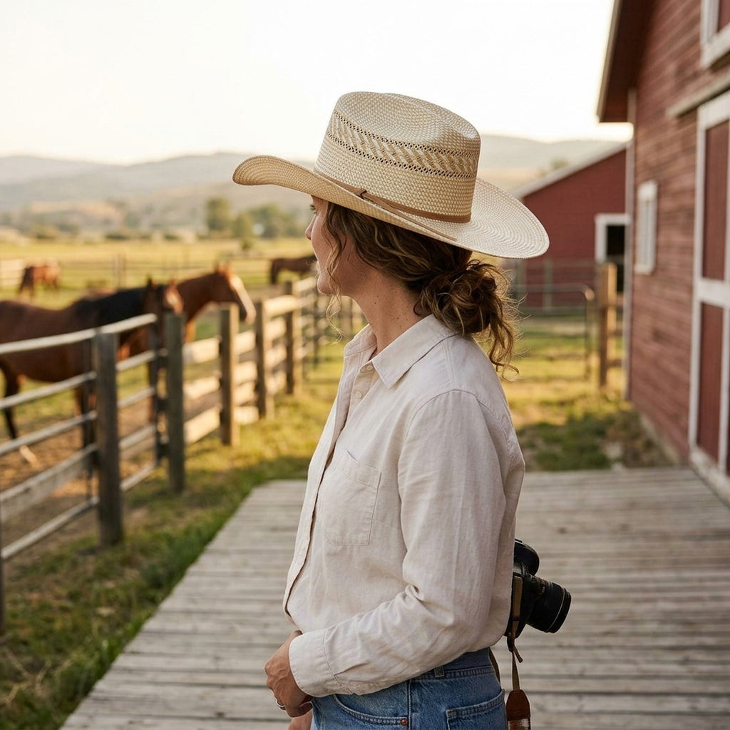 Unisex Open Weave Western Straw Hat with Leather Band Sun