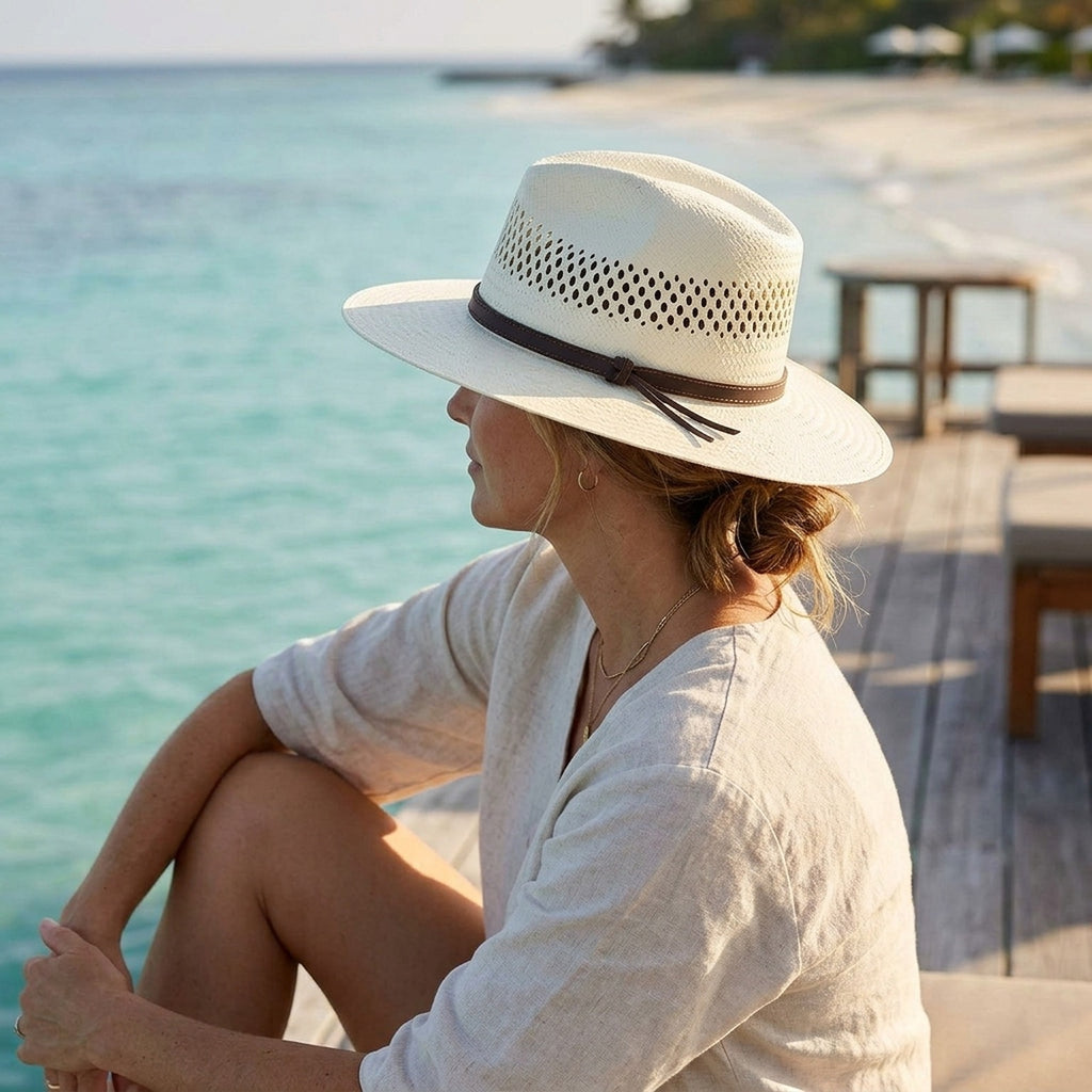 Off-White Vented Straw Western Hat with Leather Cord Band