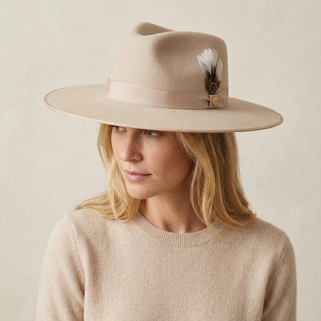 Cream Wide Brim Wool Felt Hat with Feather and Ribbon Band