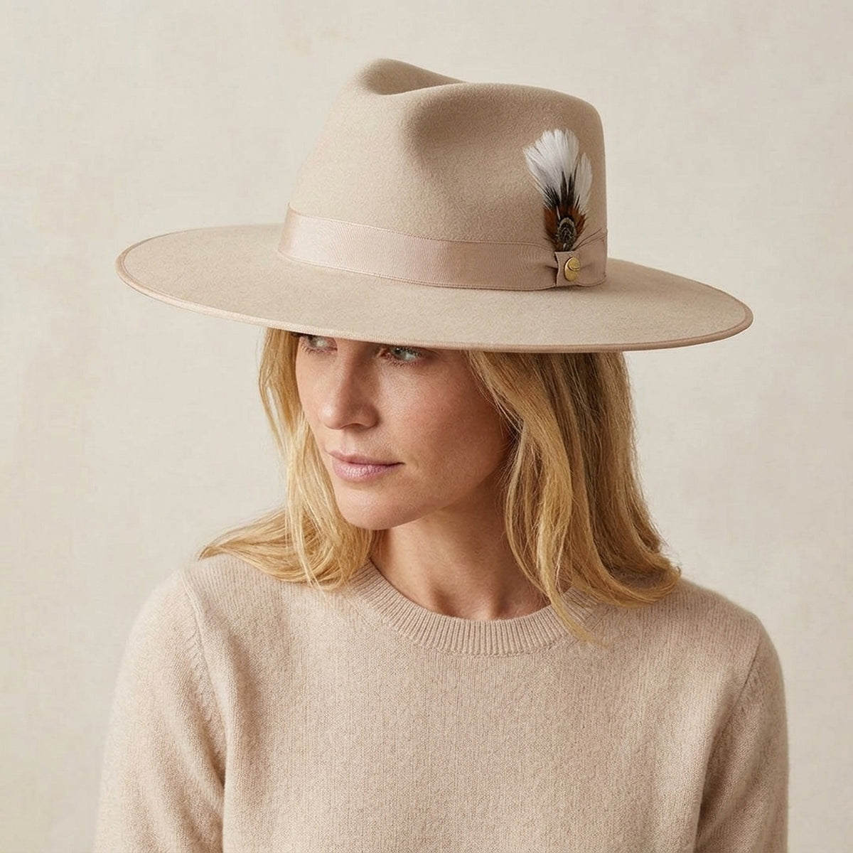 Cream Wide Brim Wool Felt Hat with Feather and Ribbon Band
