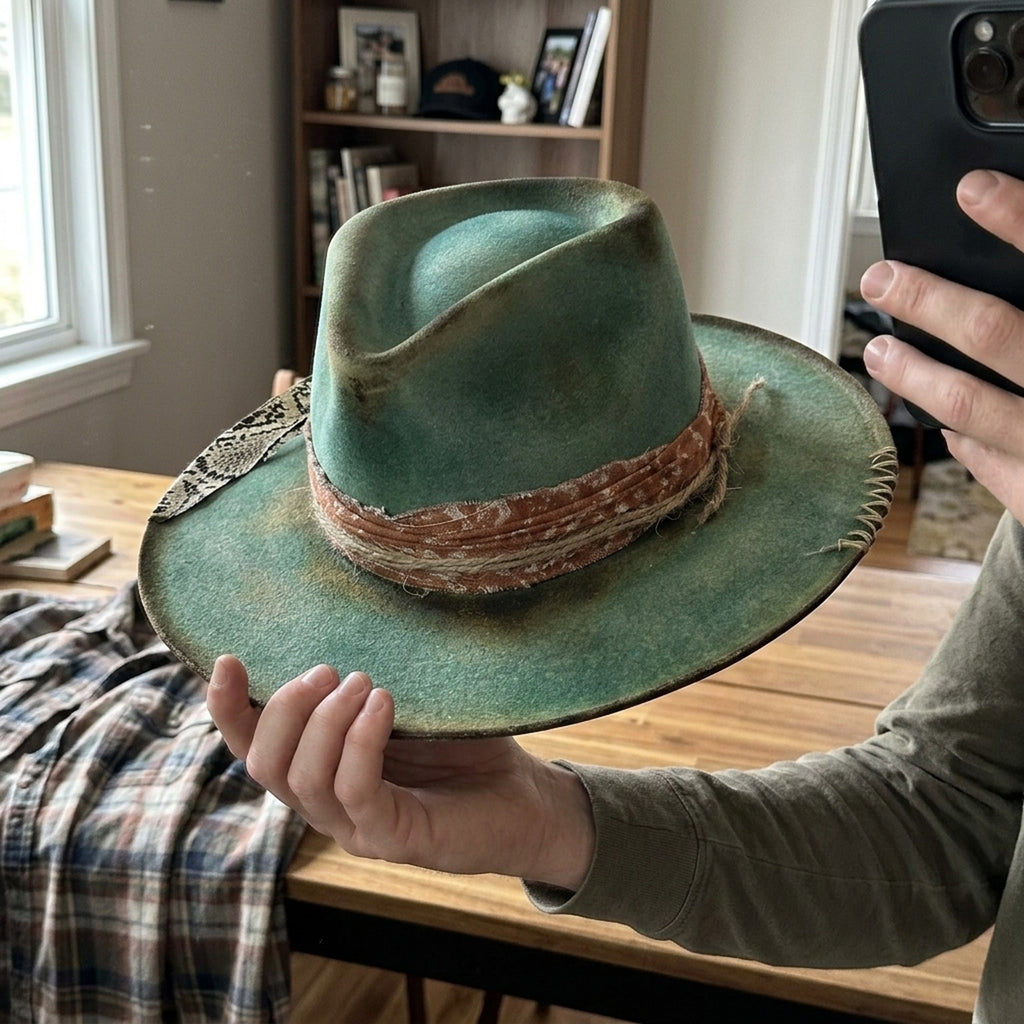 Moss Green Felt Fedora with Patterned Band and Wire Brim