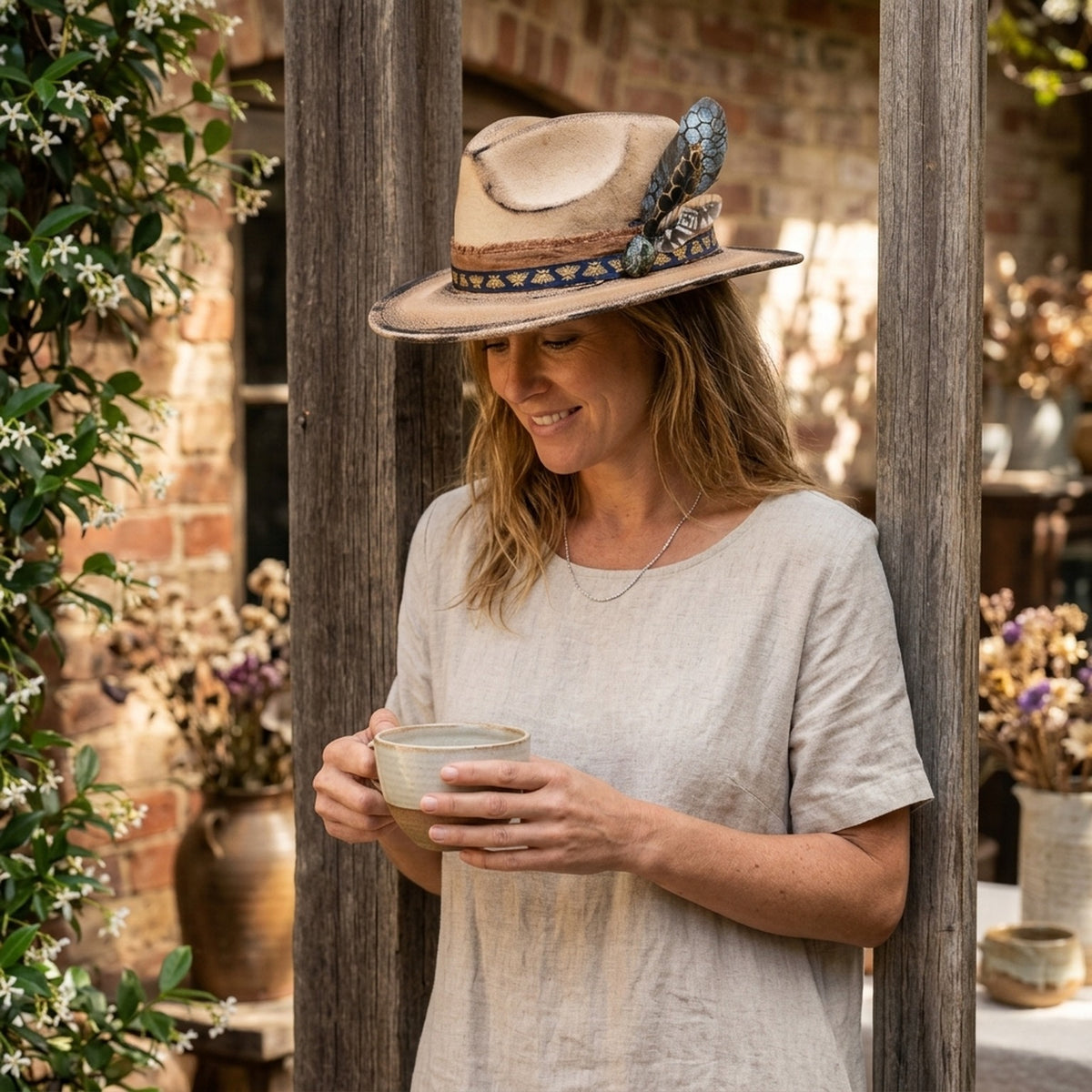 Beige Fedora with Bee Ribbon Band and Feather Accent