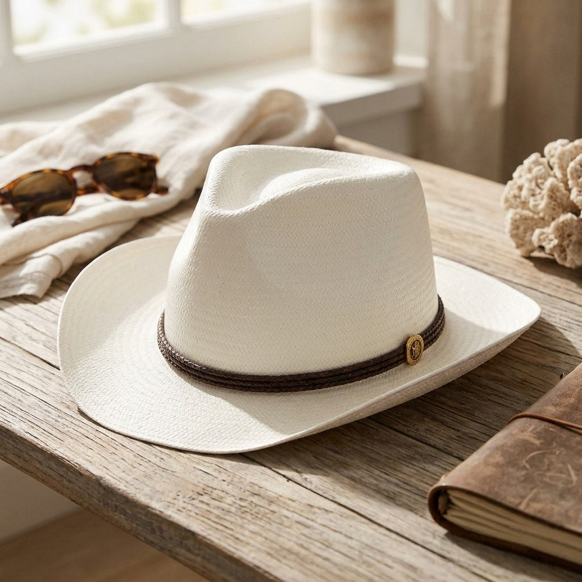 White Straw Fedora Hat with Braided Brown Leather Band Detail