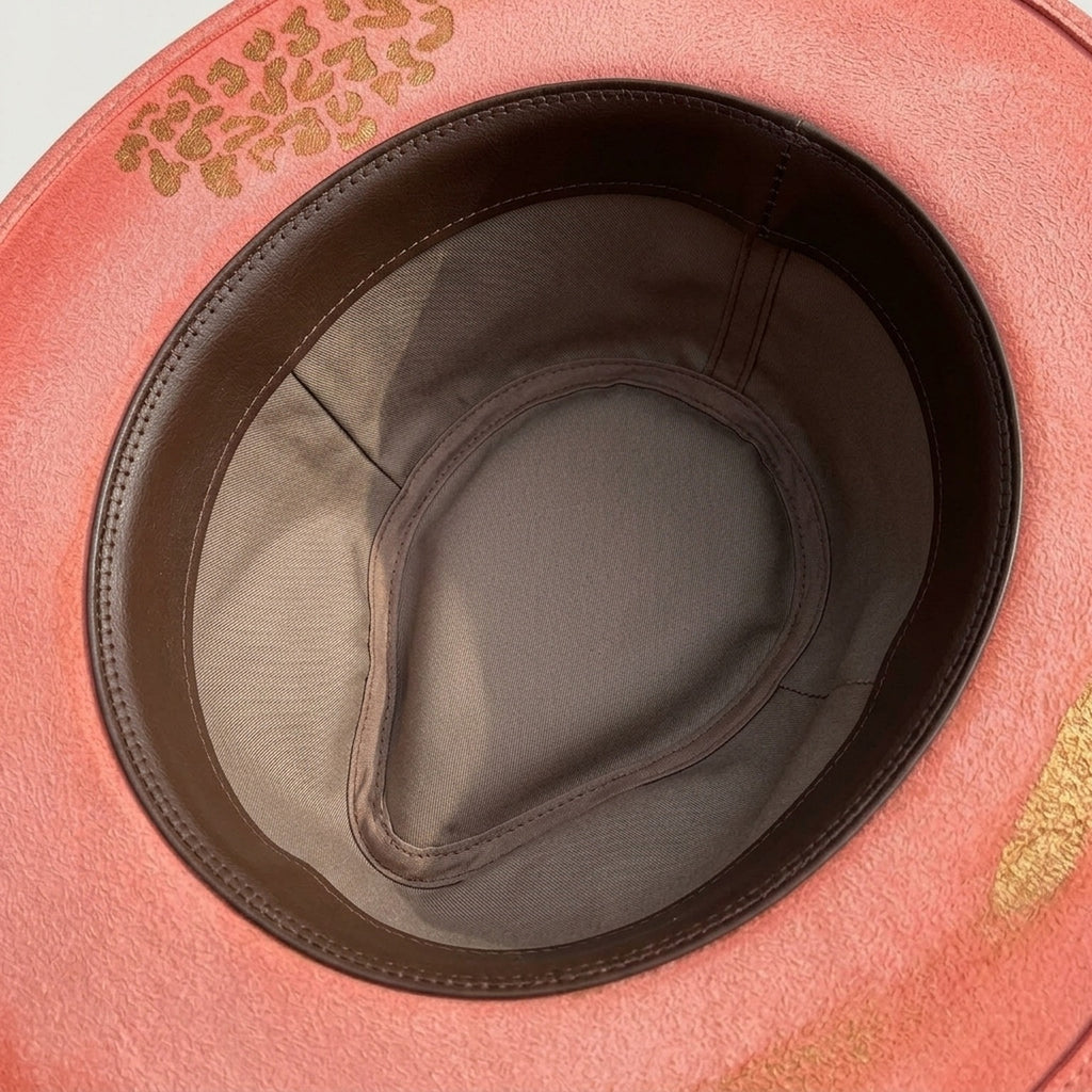 Coral Satin Fedora with Gold Leaf Print and Brass Chain