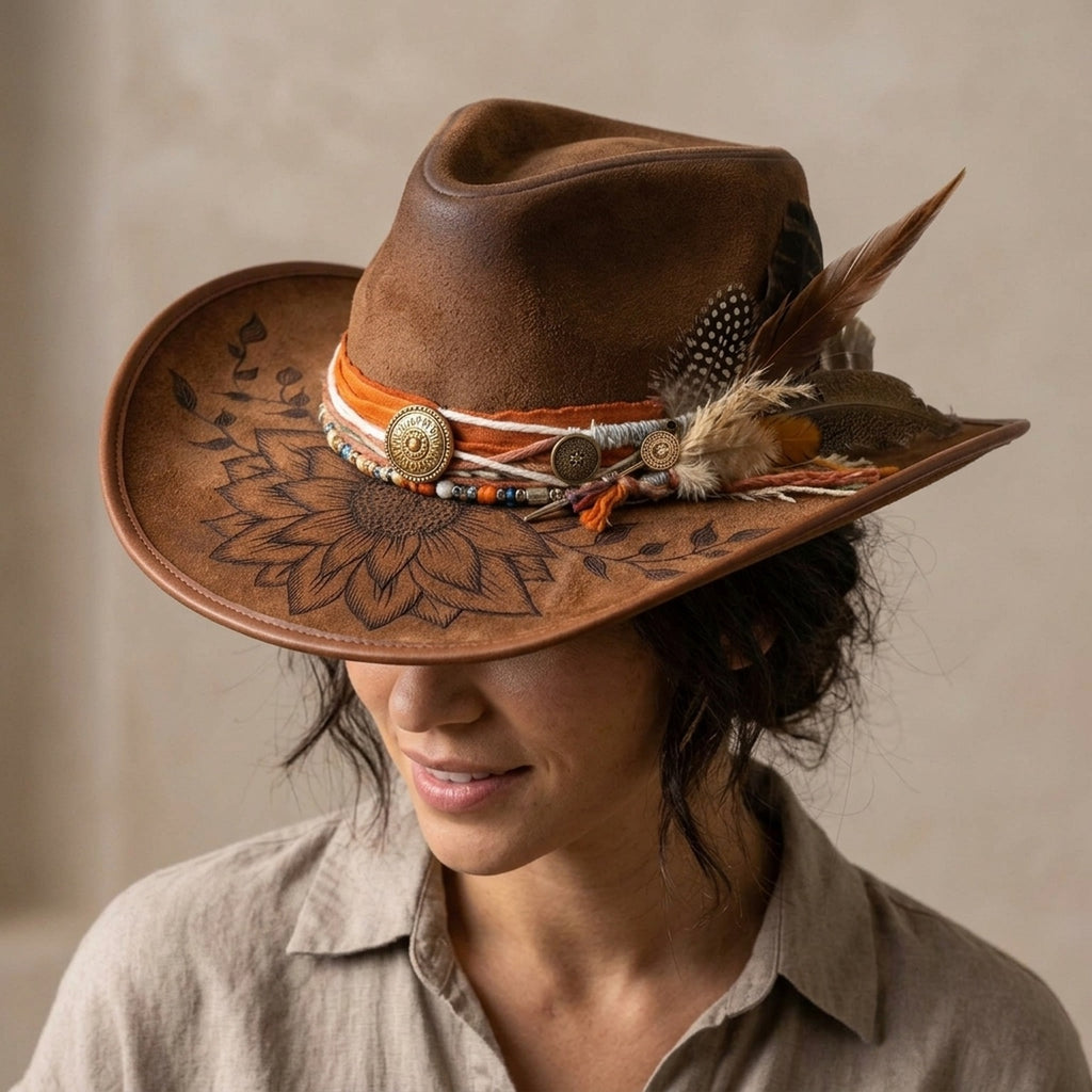 Brown Leather Western Hat with Sunflower Engraving Conchos