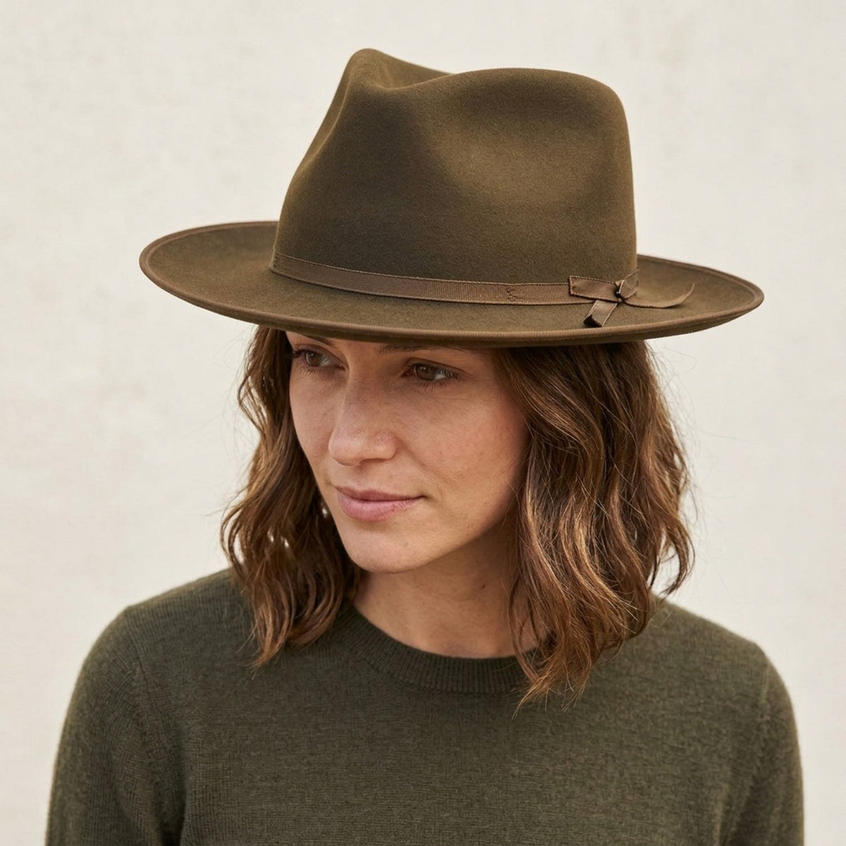 Dark Olive Wool Felt Fedora with Grosgrain Strap and Buckle