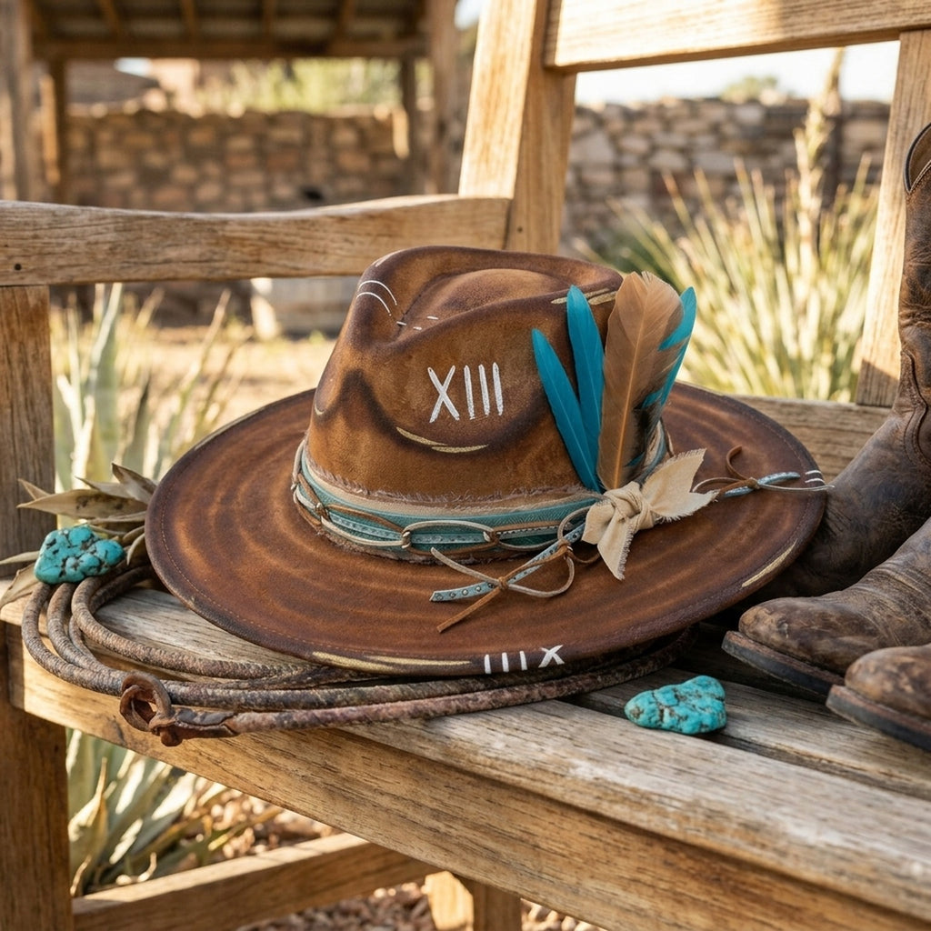 Distressed Brown Wool Felt Western Hat with Turquoise Feather Accents