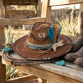 Distressed Brown Wool Felt Western Hat with Turquoise Feather Accents