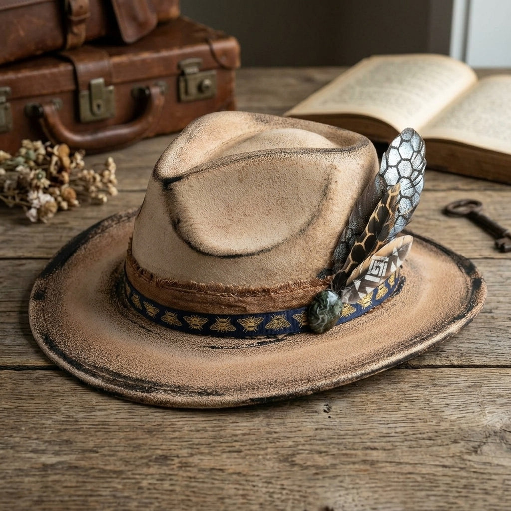 Beige Fedora with Bee Ribbon Band and Feather Accent