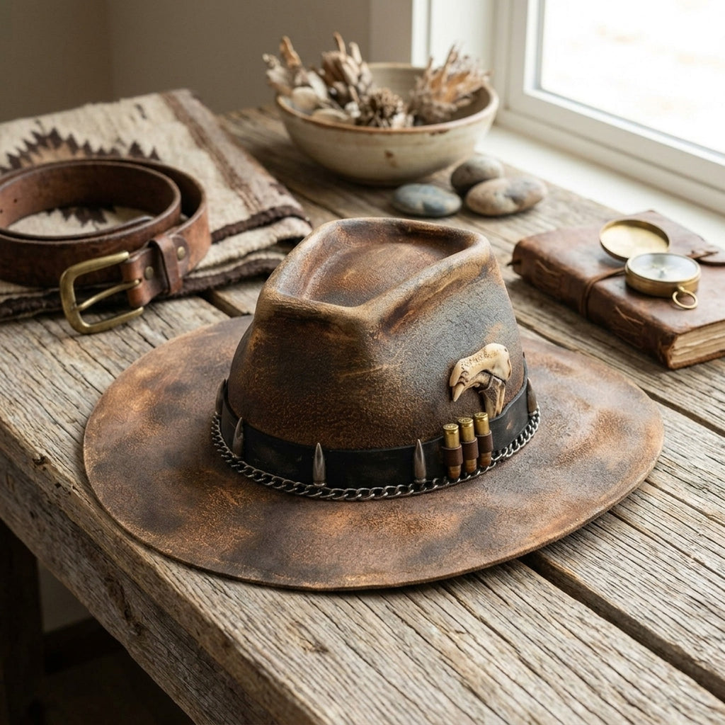 Distressed Brown Felt Western Hat with Bullet Band and Skull Accent