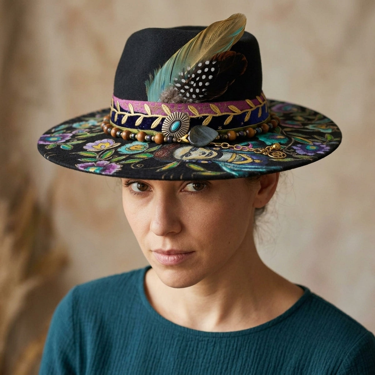 Hand-Painted Black Felt Western Hat with Floral Art and Beaded Band