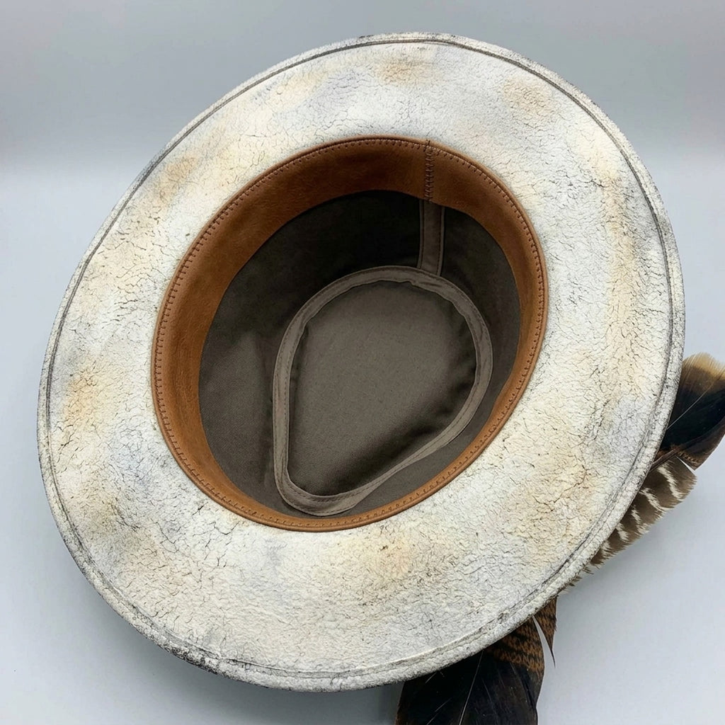 Crackled White Fedora with Burlap Band, Chain, and Tall Feather
