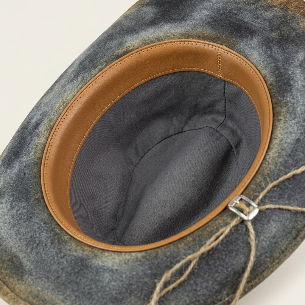 Distressed Gray Felt Cowboy Hat with Feather Concho Band