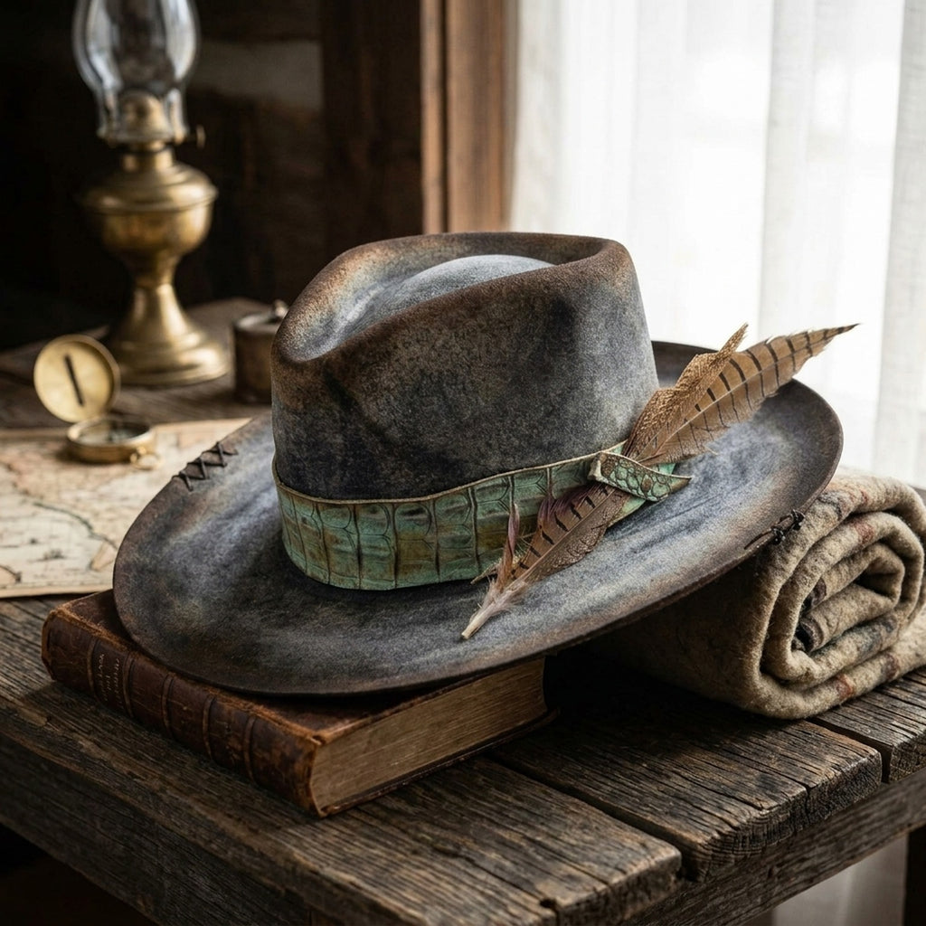 Distressed Brown Felt Fedora with Embossed Green Leather Band