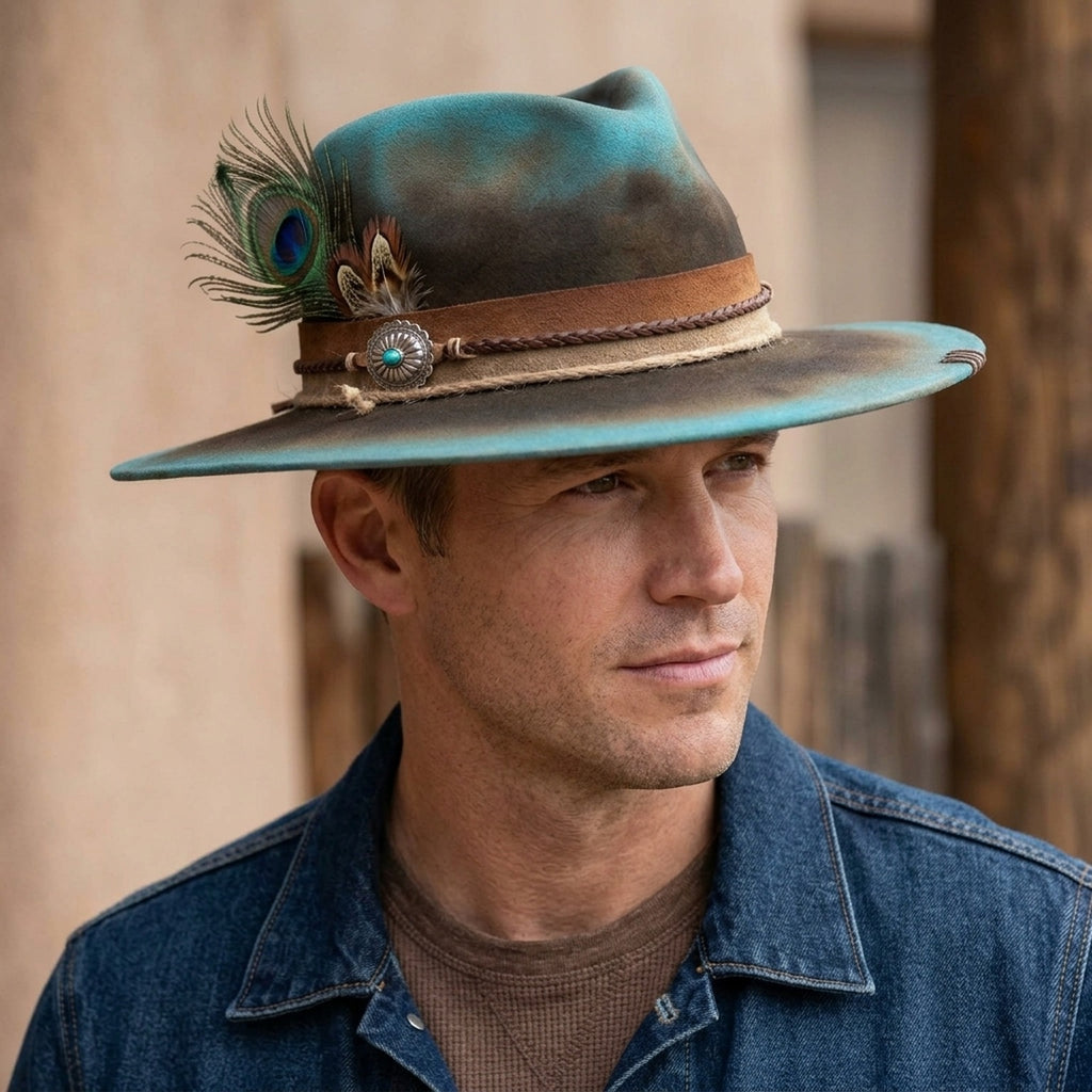 Teal Ombre Felt Western Hat Suede Band Feather Trim