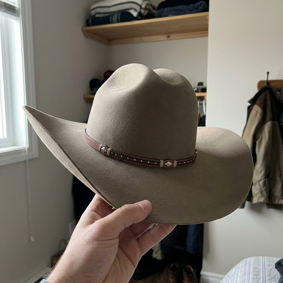 Tan Wool Felt Cowboy Hat with Beaded Leather Band | Western