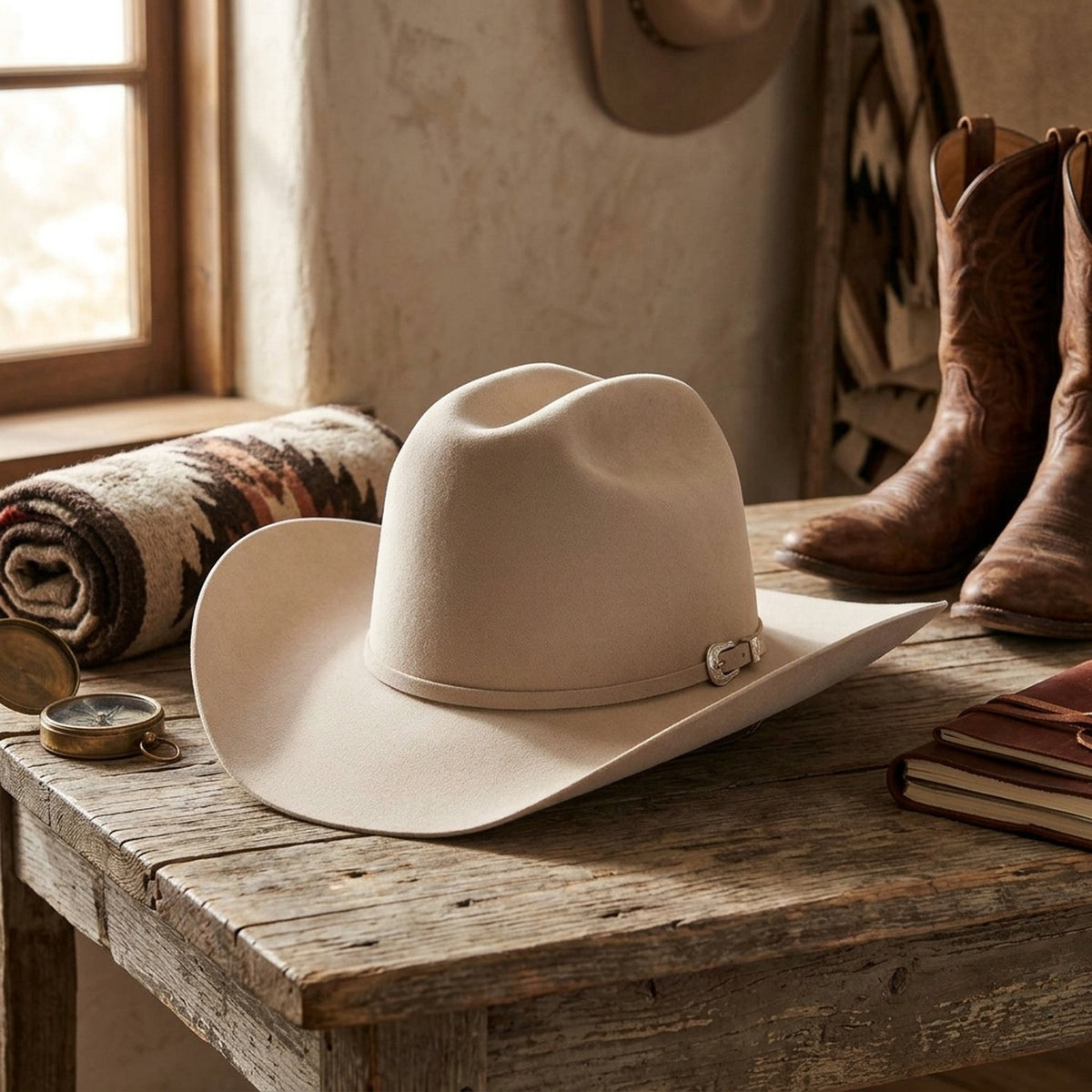 Unisex Cream Wool Felt Cowboy Hat with Leather Band