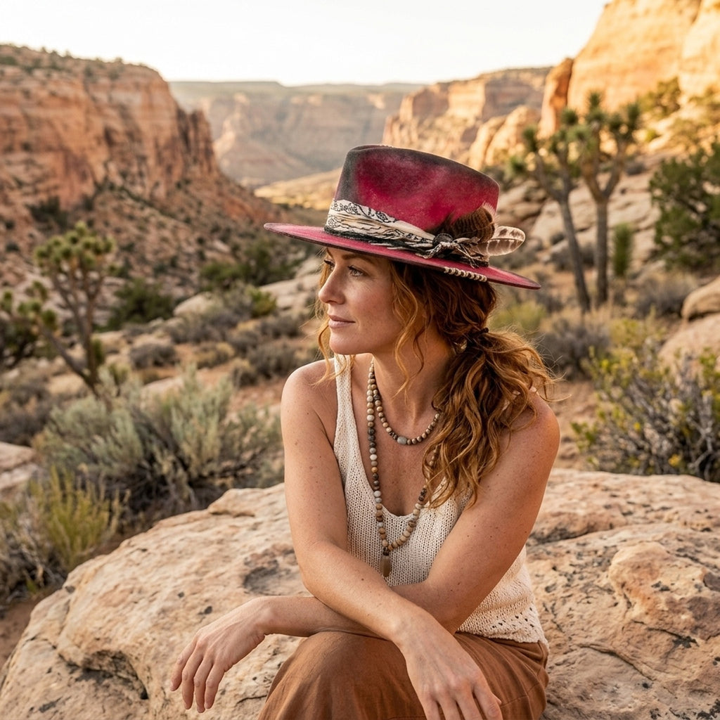 Crimson Felt Western Hat with Bandana Band and Feathers