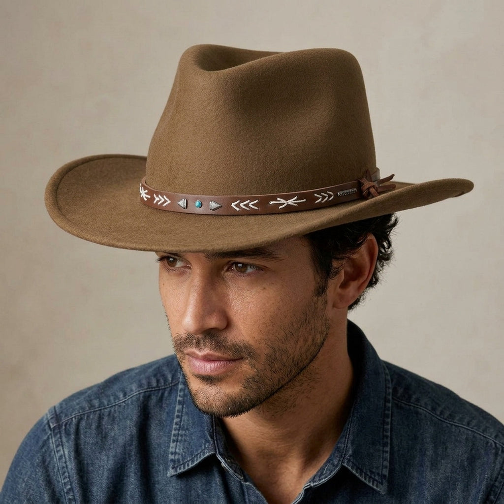 Brown Felt Western Hat with Turquoise Stone and Leaf Detail