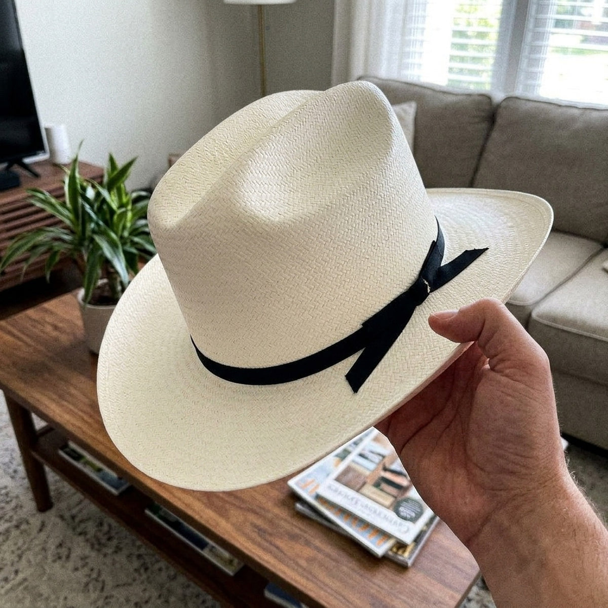 White Straw Panama Hat with Fine Weave and Black Ribbon Band