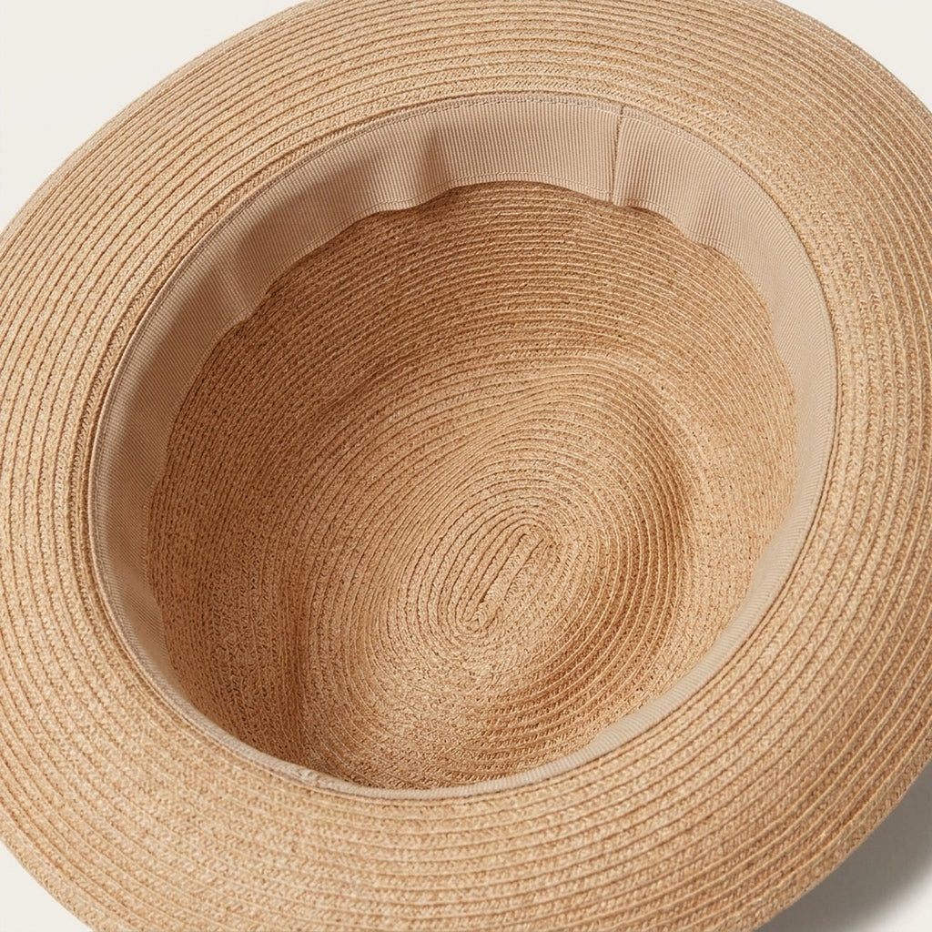 Tan Straw Fedora Hat with Navy and Mustard Striped Grosgrain Band