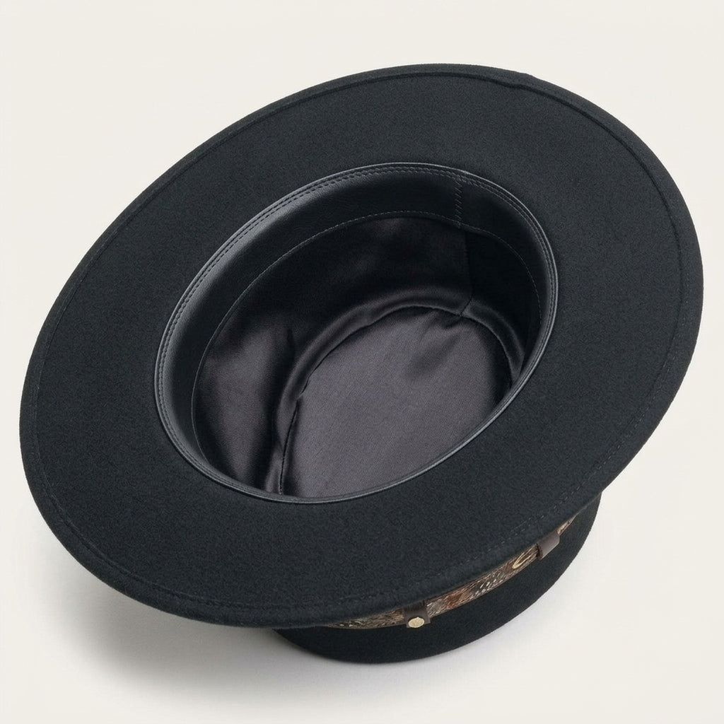 Unisex Black Flat Top Fedora with Feather Leather Band