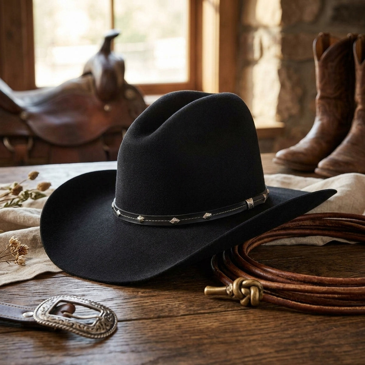 Black Felt Western Cowboy Hat with Studded Leather Band