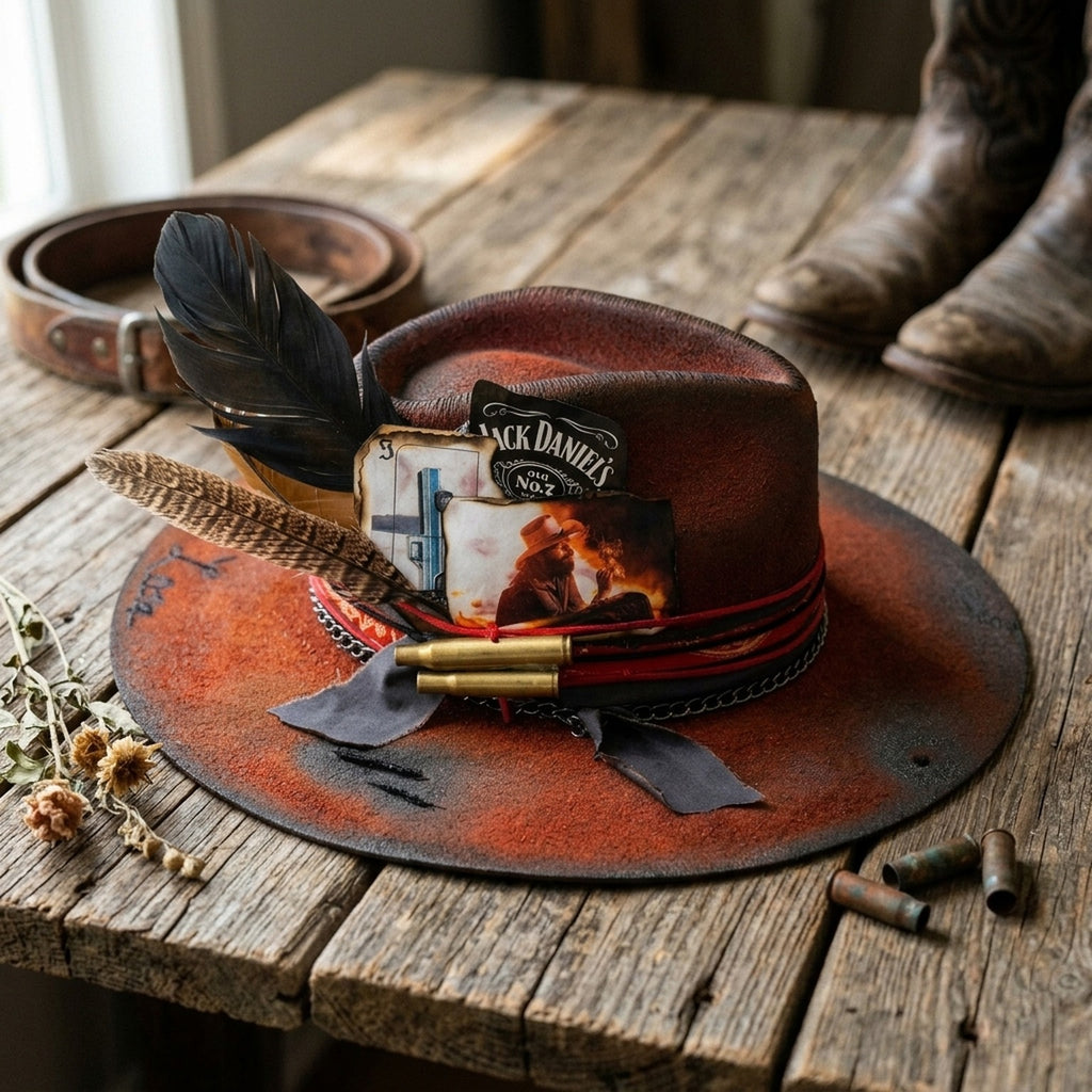 Rust Western Hat with Vintage Patch Details and Bullet Accents