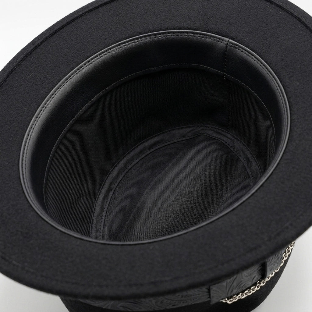 Black Fedora with Embossed Leather Band, Chain and Cigar Accent