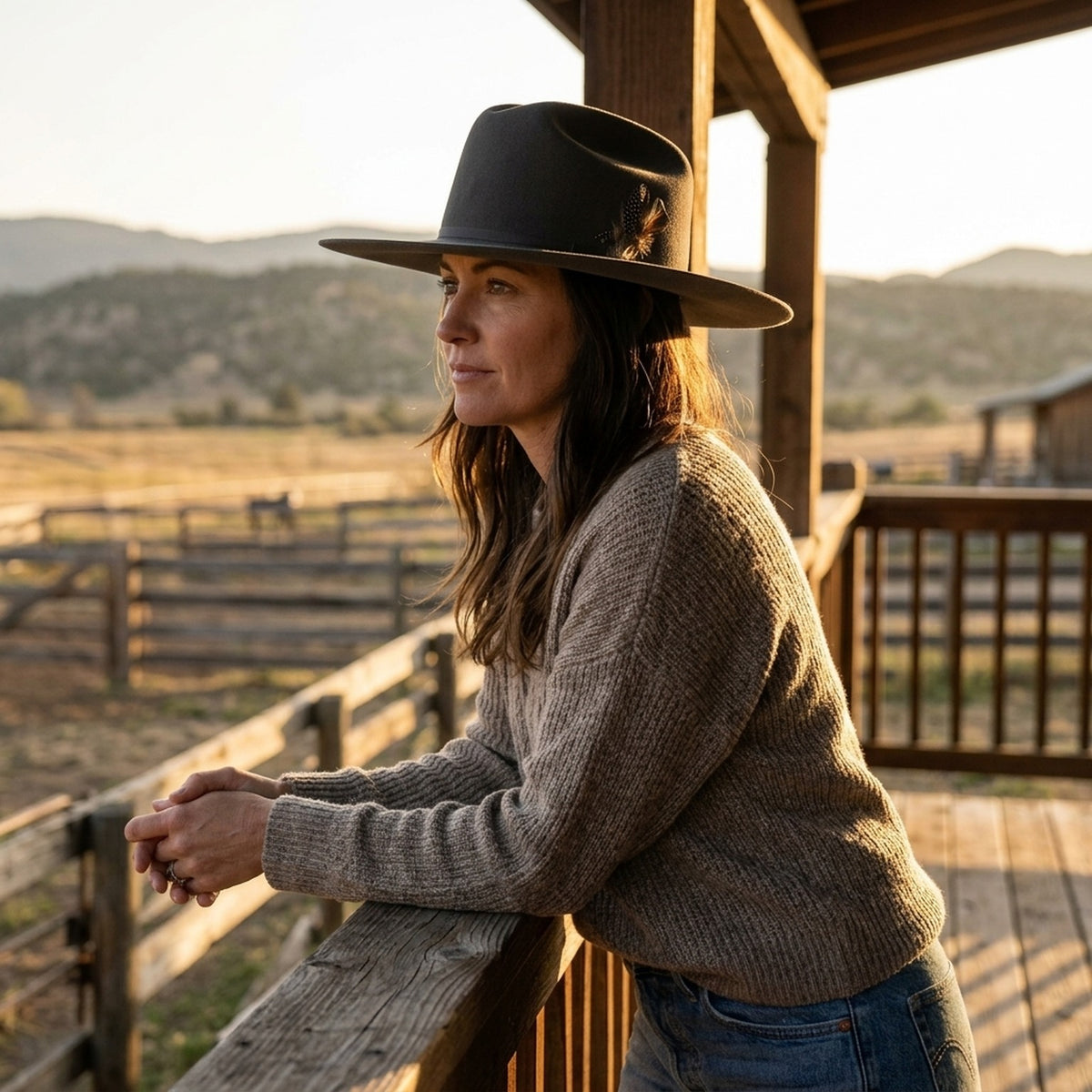 Unisex Gray Wool Felt Western Hat with Feather Band