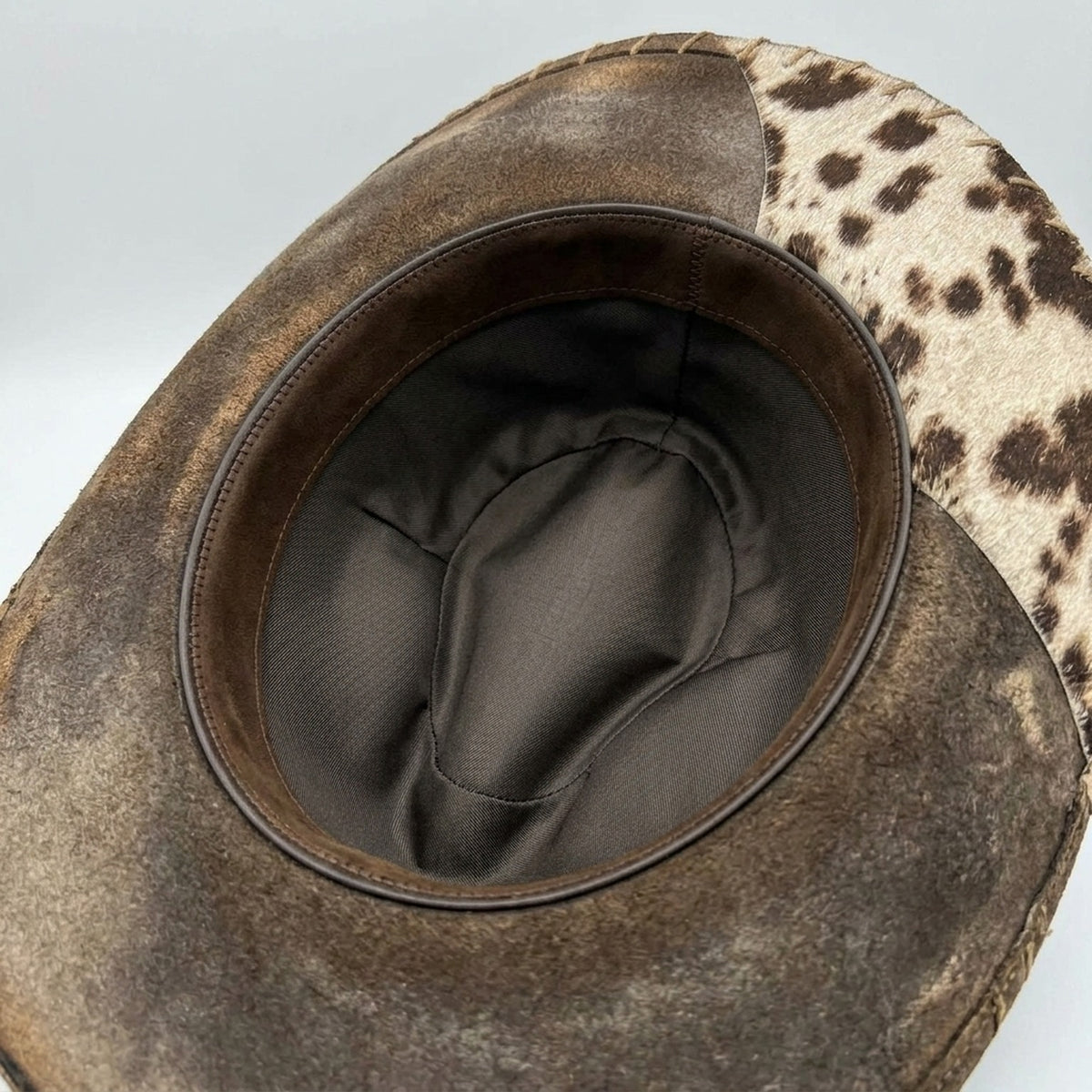 Distressed Gray Cowboy Hat with Cow Print Brim and Bandana Band