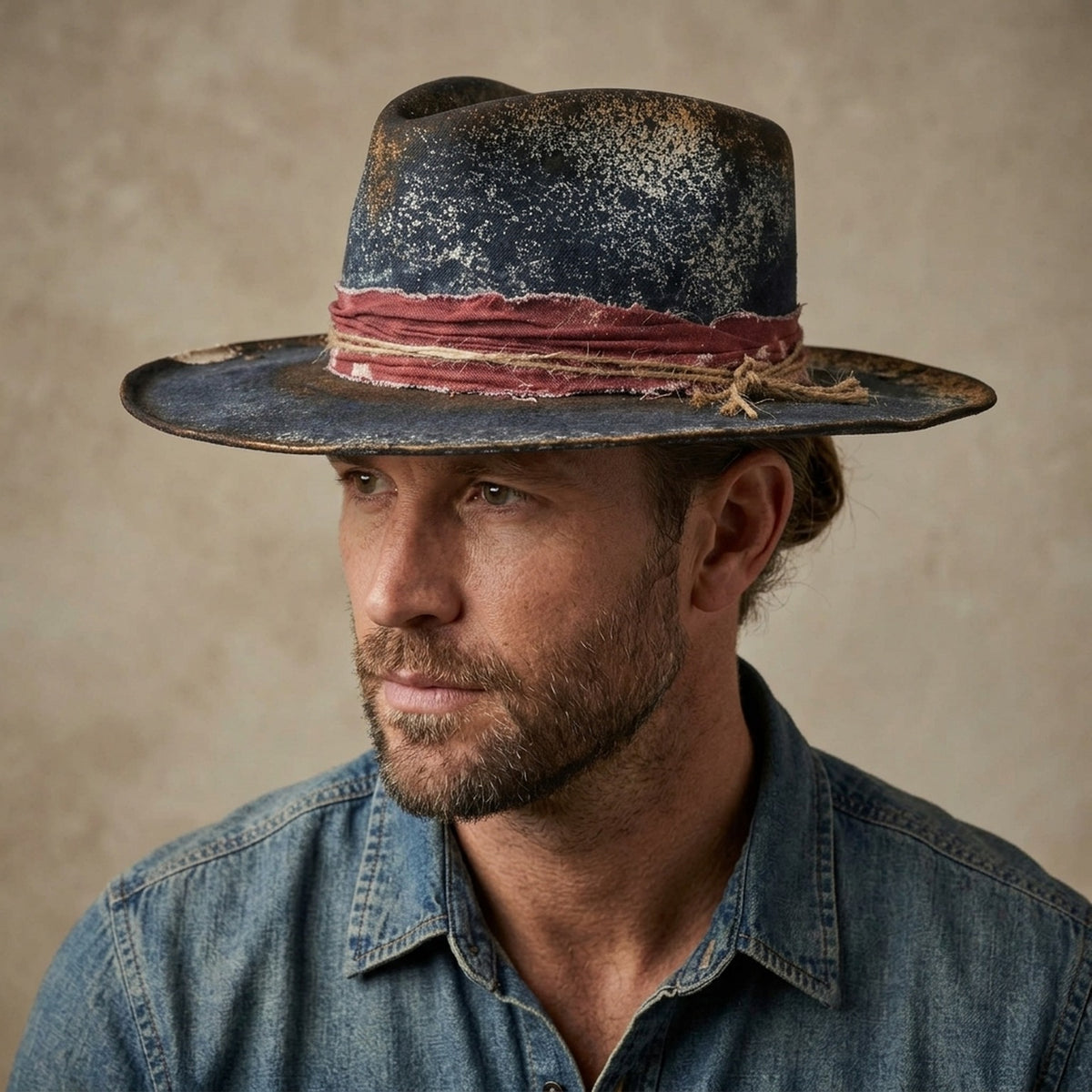 Distressed Black Felt Fedora with Burgundy Band and Metal Studs