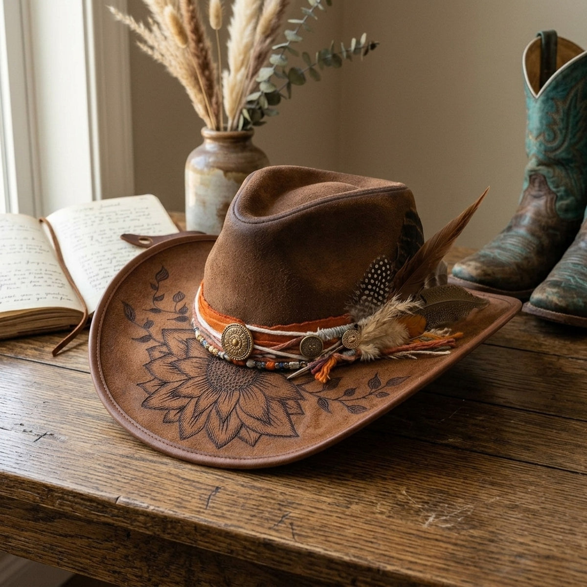 Brown Leather Western Hat with Sunflower Engraving Conchos