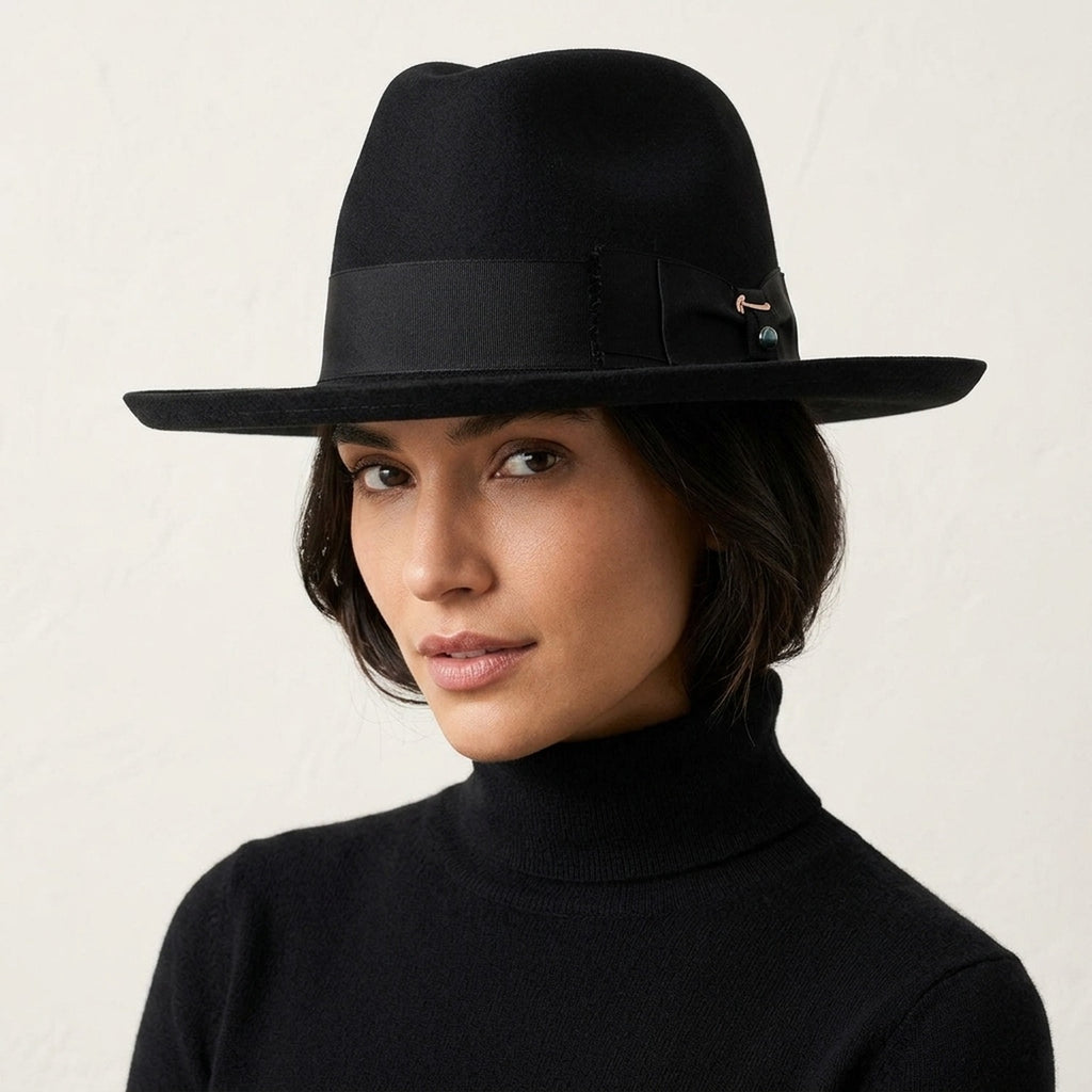 Black Wool Felt Fedora Hat with Grosgrain Band and Side Bow