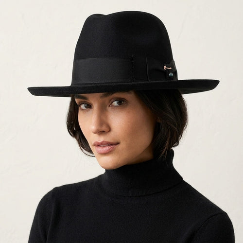 Black Wool Felt Fedora Hat with Grosgrain Band and Side Bow
