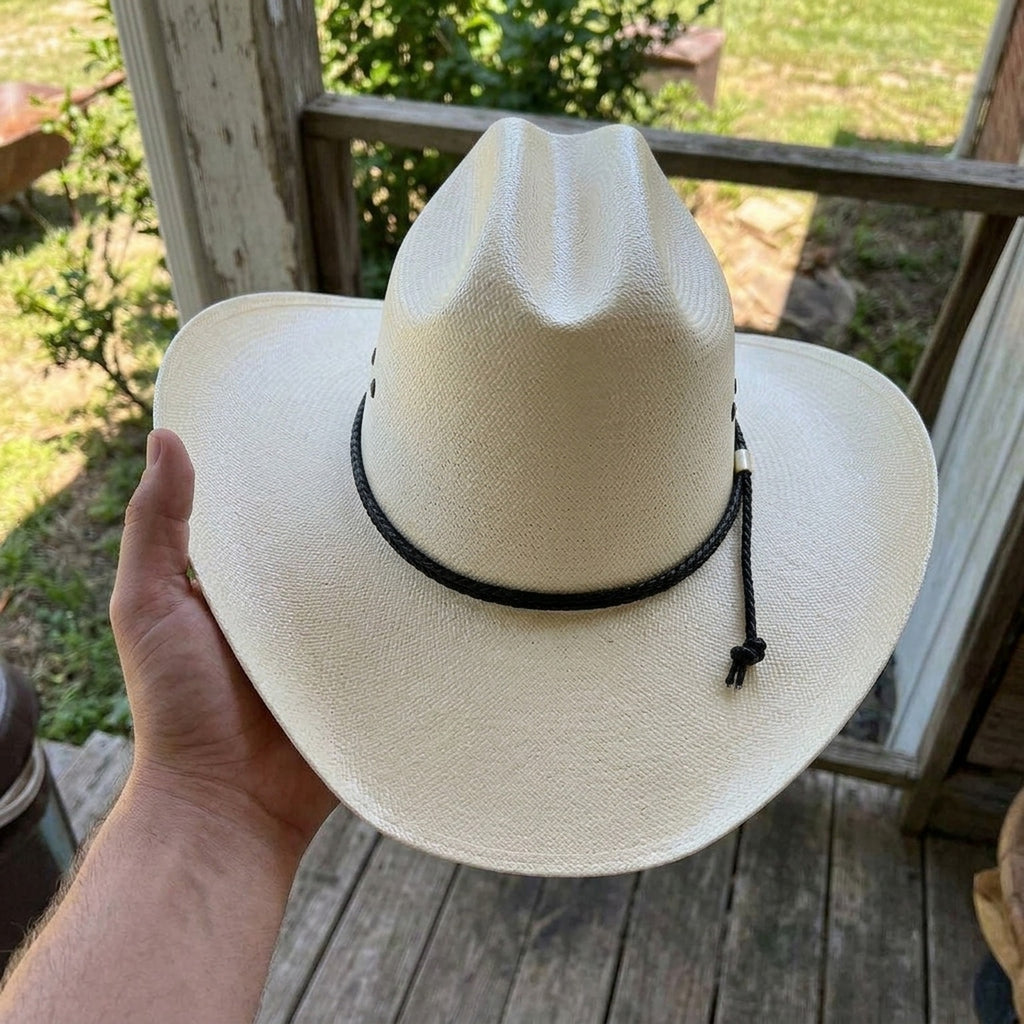 Unisex White Straw Cowboy Hat with Braided Band and Knot Detail