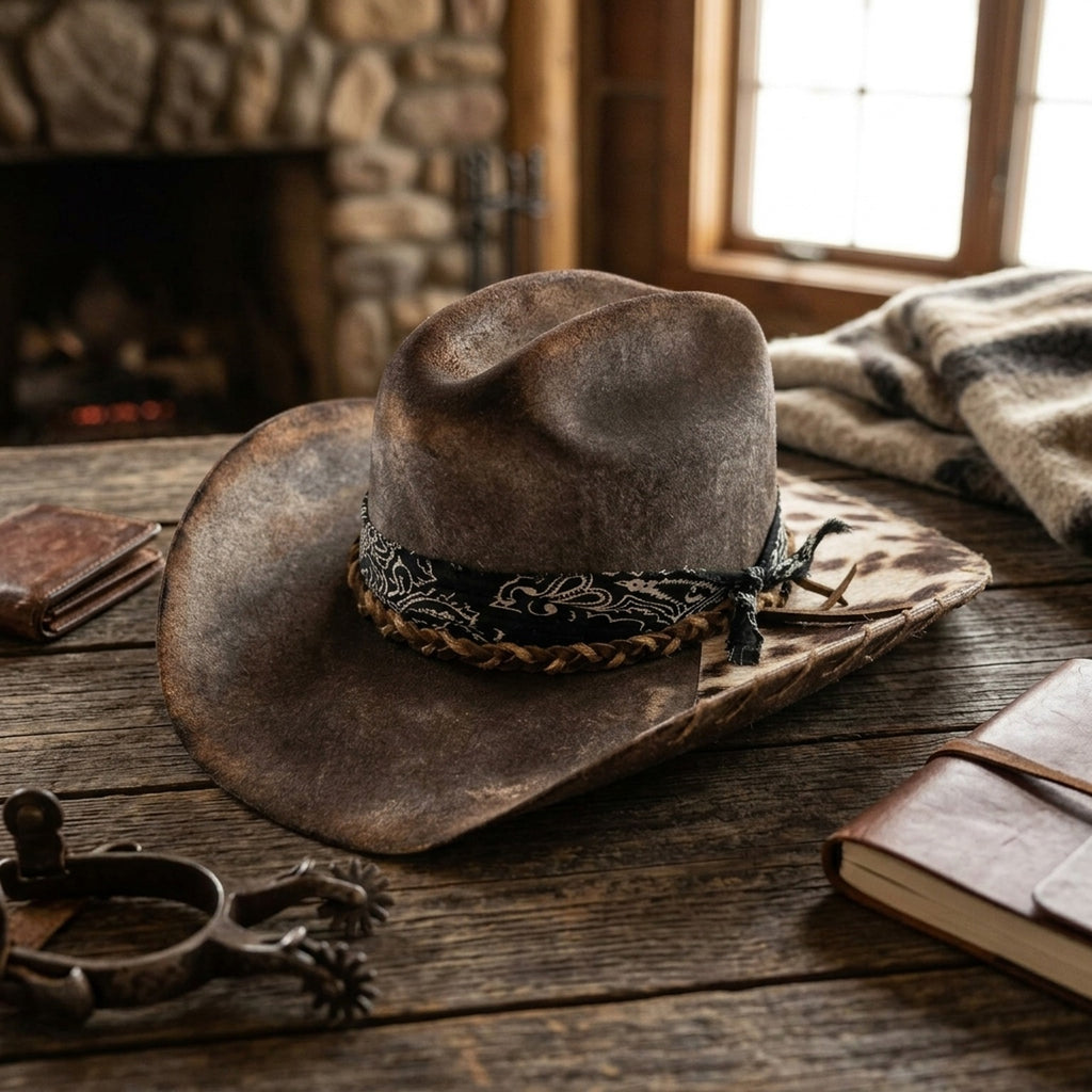 Distressed Gray Cowboy Hat with Cow Print Brim and Bandana Band