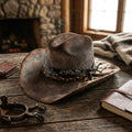 Distressed Gray Cowboy Hat with Cow Print Brim and Bandana Band