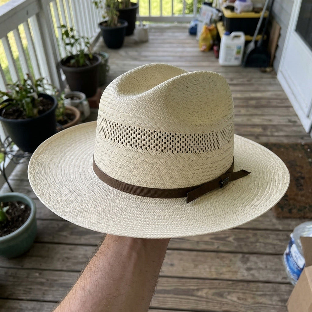 Ivory Open-Crown Straw Fedora with Grosgrain Ribbon Tie