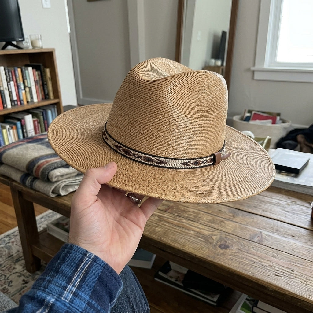Copper Tan Straw Fedora with Woven Patterned Band, Southwestern Boho