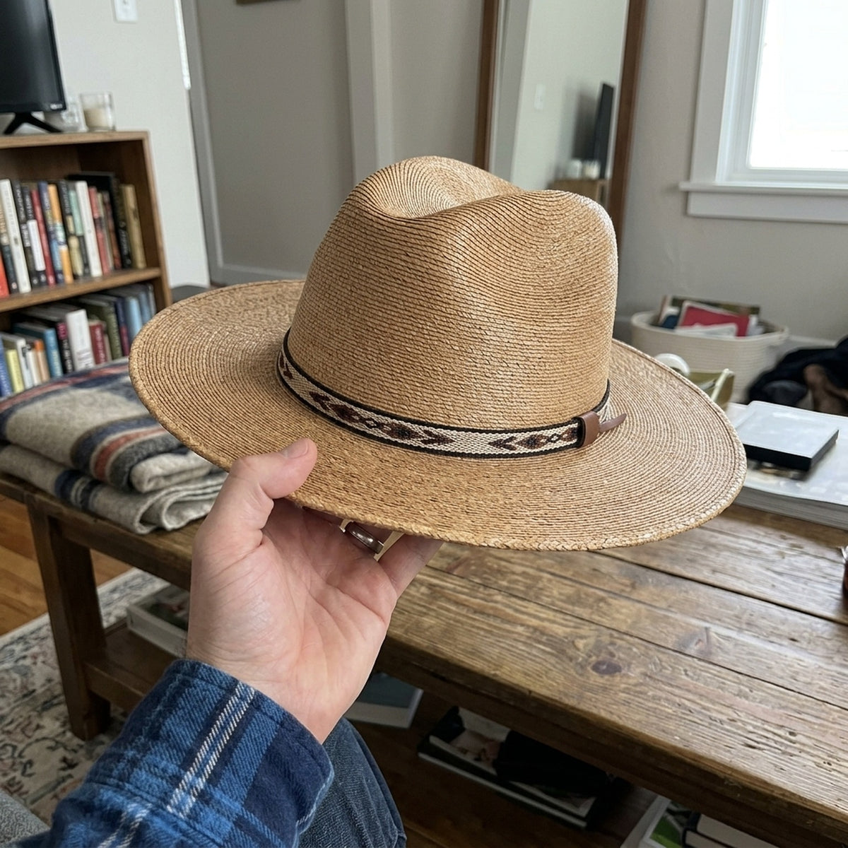 Copper Tan Straw Fedora with Woven Patterned Band, Southwestern Boho